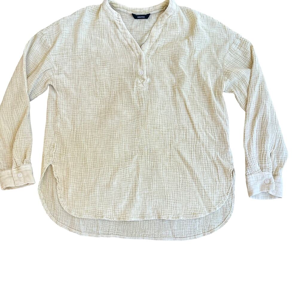 DOKOTOO Cotton Gauze Henley Top M Cream Oversized Coastal Boho